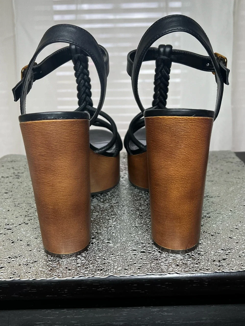 Vince Camuto Black Braided T-Strap Platform Sandal with Wood-Look Heel